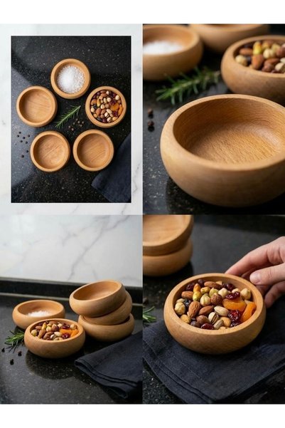 HBS Art Design طقم من 4 أوعية خشبية للوجبات الخفيفة مصنوعة من خشب الزان - وعاء تقديم دائري بقطر 12 سم