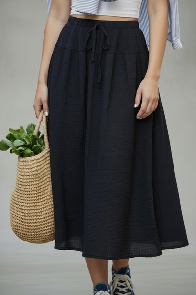 Vireo Club Women's Navy Blue A-Line Muslin Midi Skirt
