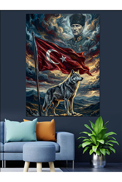 Tablo Mega Bozkurt Ve Türk Bayrağı Silüeti Dekoratif Kanvas - Mdf Ahşap Tablo