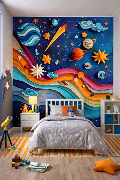 dekoartizan Uzay Macerası Renkli Çocuk Odası Duvar Kağıdı