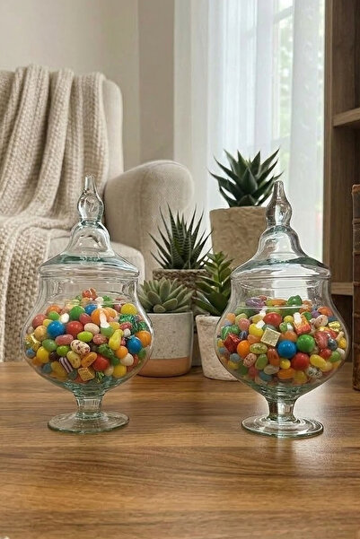 Nuha Home 27 Cm 2’li Ayaklı Kapaklı Cam Kurabiyelik & Şekerlik