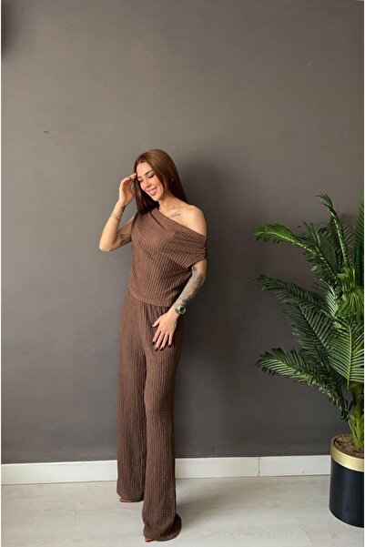 Butik Women's Waffle Fabric Boat Neck Cropped Blouse Trouser Set - Comfortabl...