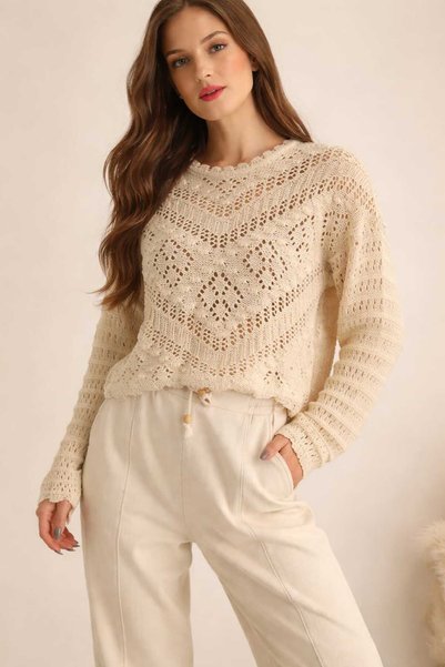 ModaAzen Stone Color Embossed Patterned Lace Openwork Seasonal Women's Knitwear Sweater