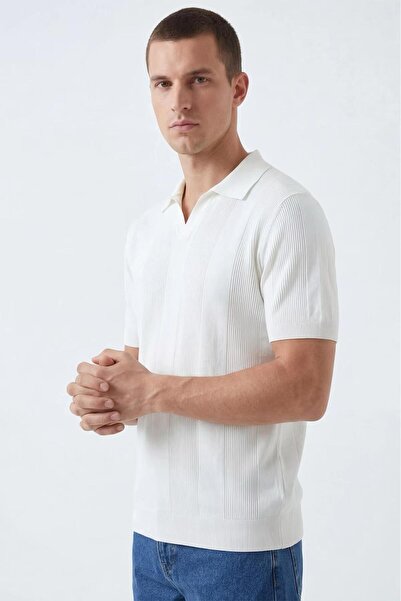 No Way Çizgi Patterned Polo Neck Regular Fit Knitted Fine Knit Men's T-Shirt