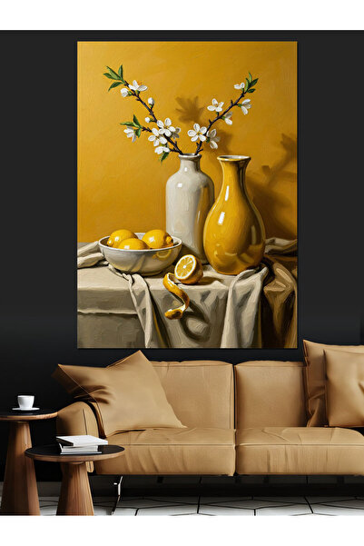 Artmeg Limonlu Ve Çiçekli Klasik Natürmort Dekoratif Kanvas - Mdf Ahşap Tablo