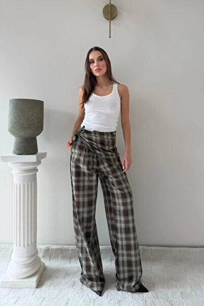 MOZENA ecosez Detaliu de legare a eșarfei cu model talie înaltă pantaloni pal...