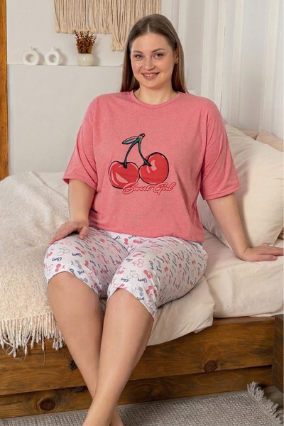 Farya Home Büyük Beden Pamuklu Desenli Kısa Kollu Bermuda Kapri Pijama Takımı