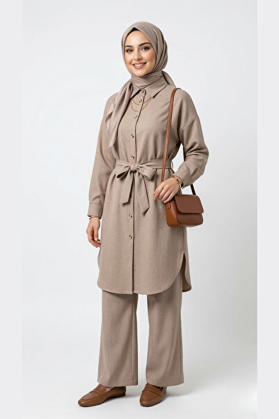 ABAY GİYİM Women's Belt Detail Gold Buttoned Tunic Trousers Set Stylish Daily...