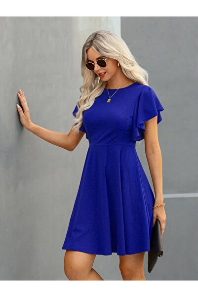 HYEM Women's Short-Sleeved Crew Neck Mini Kiloş Janjan Crepe Dress