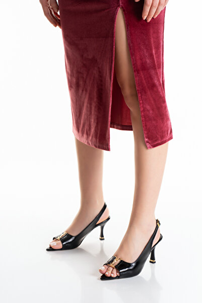 elvinshoes Anaya Women's Black Buckled Pointed Toe Heeled Shoes