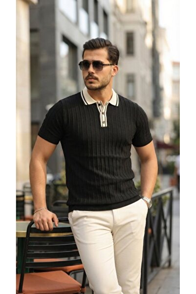 JANES Ανδρικό πλεκτό μπλουζάκι με γιακά με κουμπιά και αντίθεση στον γιακά