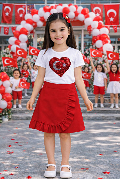 HER ŞEY NOTA www.herseynota.com Girl's White Bodysuit with Red Heart, Crescen...