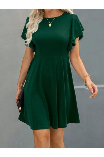 HYEM Women's Short-Sleeved Crew Neck Mini Kiloş Janjan Crepe Dress