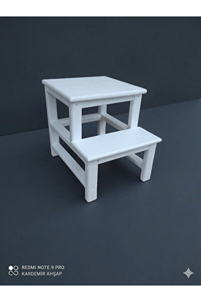 KARDEMİR AHŞAP Doğal Masif Ahşap 2 Basamaklı Beyaz Tabure & Merdiven