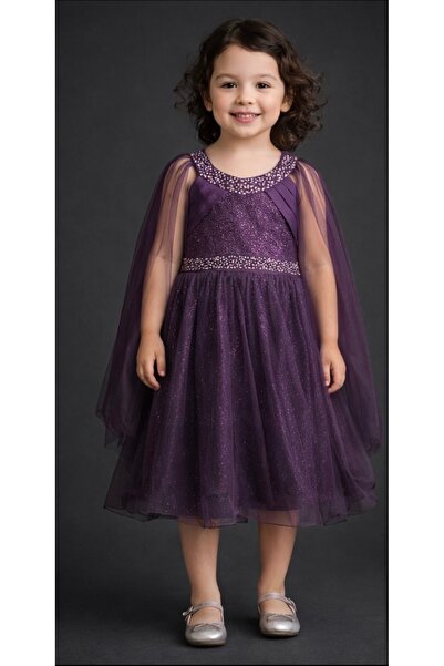 Laurella Kız Çocuk Mor Simli Prenses Pelerinli Abiye