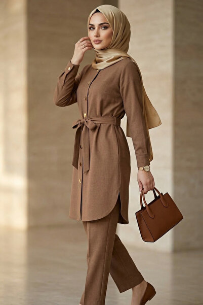 ABAY GİYİM Kadın Kemer Detaylı Gold Düğmeli Tunik Pantolon Takımı Şık Günlük ...