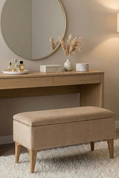 MEFAKS TEKSTİL Sandıklı Bench Puf Kum Beji – Kapaklı Ahşap Ayaklı Fonksiyonel...