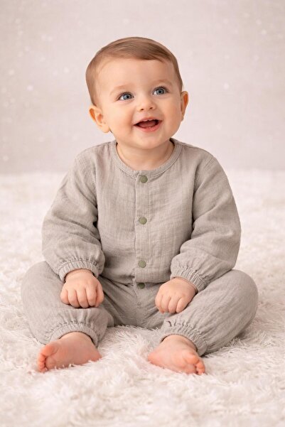 Vauva Müslin Mevsimlik Çıtçıtlı %100 Pamuk Yeşil Tulum