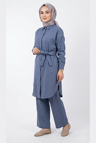 ABAY GİYİM Women's Belt Detail Gold Buttoned Tunic Trousers Set Stylish Daily...