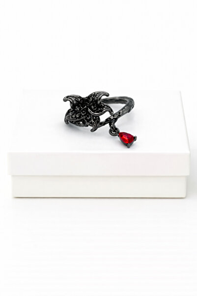 MakeWell Gothic Black Flower and Red Drip Stone Ring – Adjustable Gothic Punk...