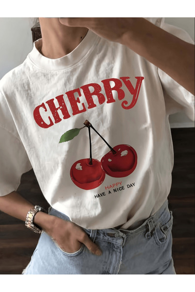 gencerco Cherry Happy Have a Nice Day Printed Premium Oversized T-Shirt