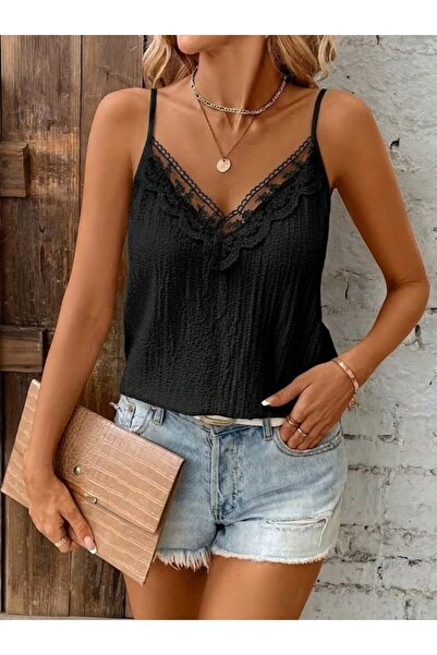 HYEM Γυναικεία μπλούζα με κορδόνια και γιακά v Δαντέλα