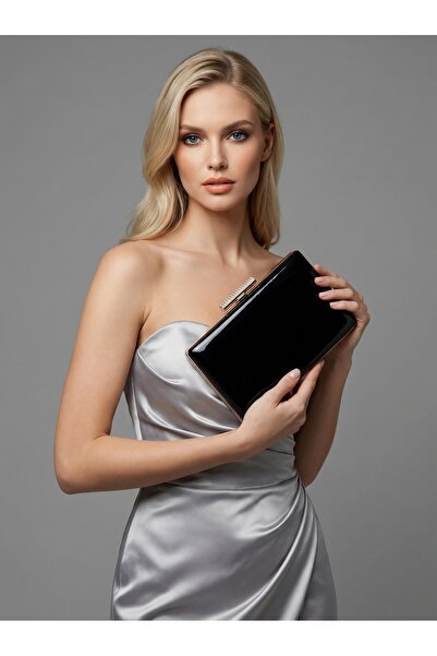 Biçanta Rochie de seară pentru femei, de culoare neagră, din piele lacuită de...