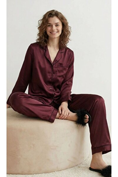 Espuar Women's V-Neck, Buttoned, Piped Detail Satin Pajama Set