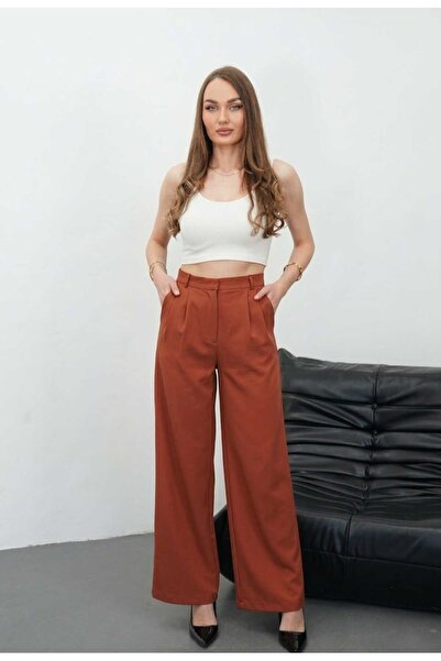 Niora Moda بنطلون نسائي من قماش بالازو قصة ساق واسعة منسوج