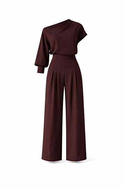 HAZELANNA Off-Shoulder Brown Two-Piece Set
