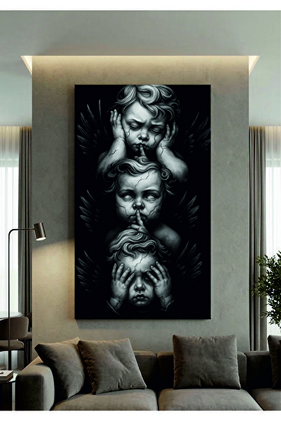 LucitART Modern Sürreal Üç Melek Kanvas Tablo - Siyah Beyaz Rönesans Esintili...