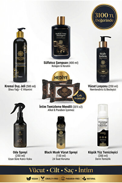 misk 360° Bakım Mega Seti (8 Parça) – Vücut, Cilt, Saç & İntim + Royal Oda Sp...