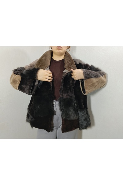 hoaryage Παλτό PatchWork με γούνα εσωτερικά και γνήσιο δέρμα εξωτερικά, από δ...