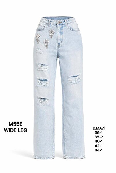 Miss Poem Women's Ice Blue Ripped Stone Detailed Wide Leg Jean Trousers