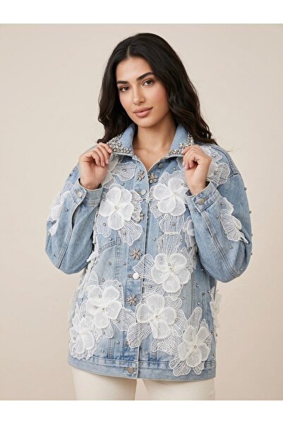Rabiossa Kadın 3D Nakışlı ve Taş İşlemeli Açık Mavi Jean Ceket