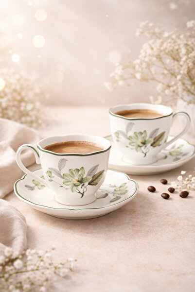 welcomein 2’li Porselen Kahve Fincan Takımı Çiçek Desenli Şık Sunumluk Türk K...