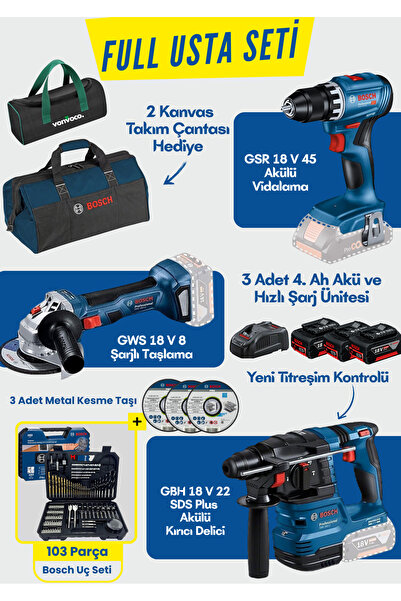 Bosch GBH 18 V 22 + GWS 18 V8 + GSR 18 V 45 Şarjlı Darbeli Vidalama Akülü Taş...