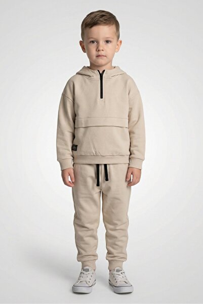 Fudo Toddlers Boy 2 Pieces Brand Logo Hoodie And Jogger, Beige