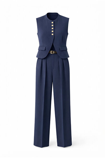 HAZELANNA Σετ Ζώνη παντελονιών-μπλε ναυτικό με χρυσά κουμπιά Γιλέκο