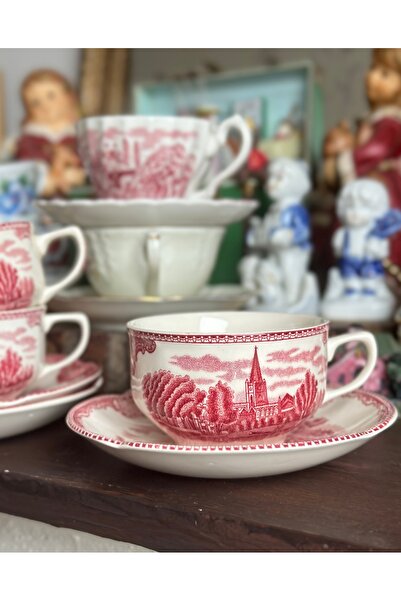 Johnson Bros Antika İngiliz Damgalı Kırmızı Porselen Çay Double Kahve Fincanı...