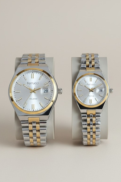 Ferrucci Sevgili Çift Kol Saati Seti Erkek 40 mm Kadın 28 mm Çelik Kordon Alt...