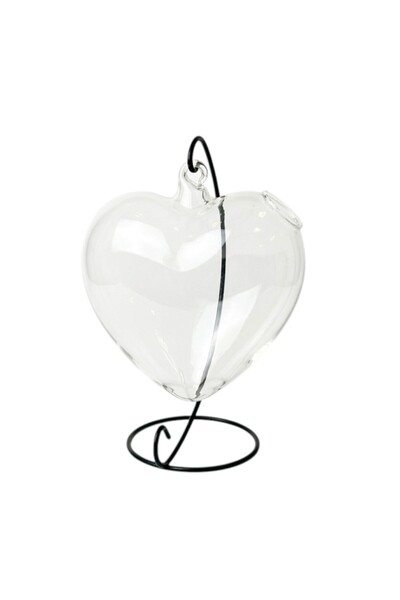 Dayang Heart-Shaped Hanging Glass Fish Bowl with Modern Black Metal Stand – 24cm