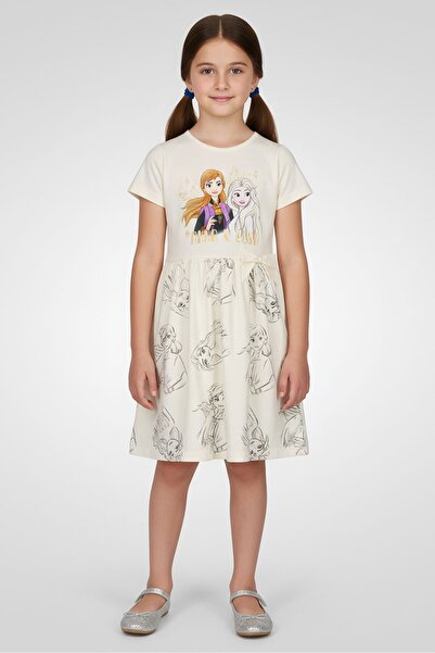 Disney Kids Girl Graphic Print Short Sleeve Dress, Off White