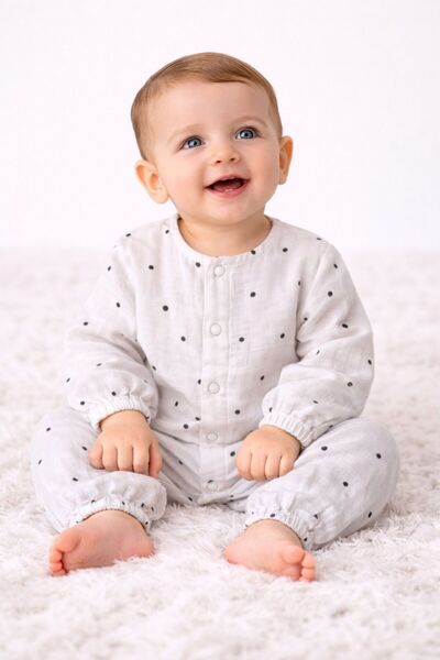 Vauva Müslin Mevsimlik Çıtçıtlı %100 Pamuk Puantiyeli Kız Tulum