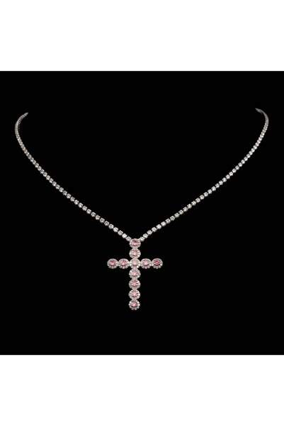 ElectraStore Colier Tennis Cu Pandantiv Cruce Cu Cristale Roz