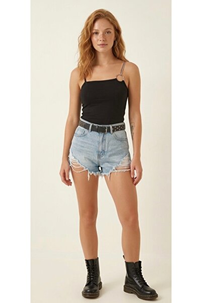 World Fashion Trends 1498 Bluză neagră cu o singură bretea și detaliu inel