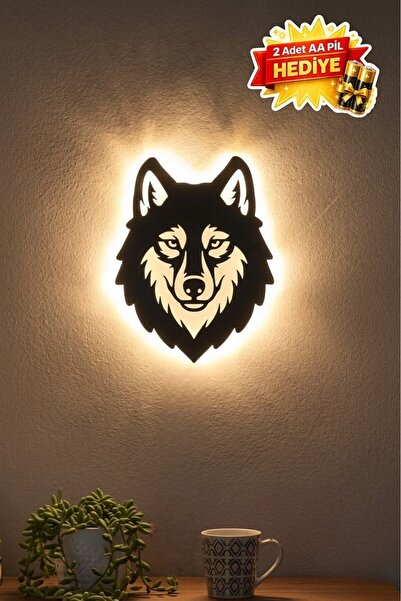 ProLaz Dekoratif Kurt Silüetli LED Duvar Işığı 26x20 cm Pilli Gece Lambası Lo...