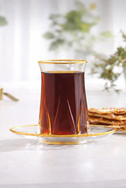HOME SET Sahra Gold Yaldızlı Cam Çay Bardağı Seti 6 Kişilik – 6 Bardak 6 Taba...
