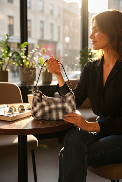 HFKY Women's Design Model Stone-Embellished Hand and Shoulder Bag.