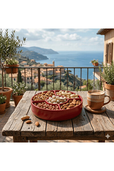 AA AHŞAP 5 Bölmeli Yuvarlak Sunum Tabağı Çerezlik ve Kahvaltılık - Kırmızı Me...